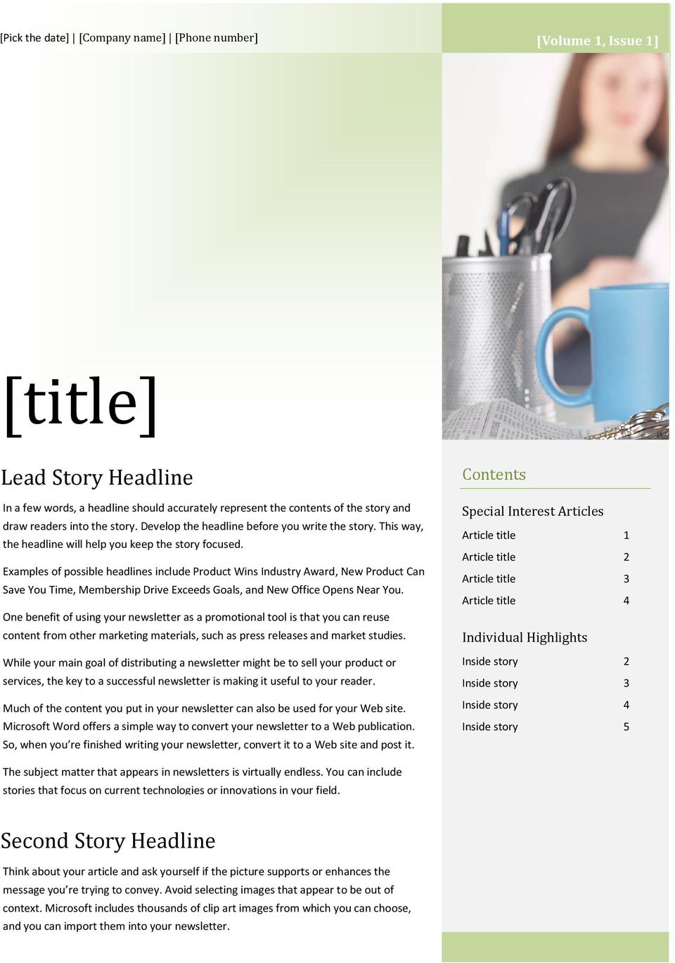 Examples of possible headlines include Product Wins Industry Award, New Product Can Save You Time, Membership Drive Exceeds Goals, and New Office Opens Near You.