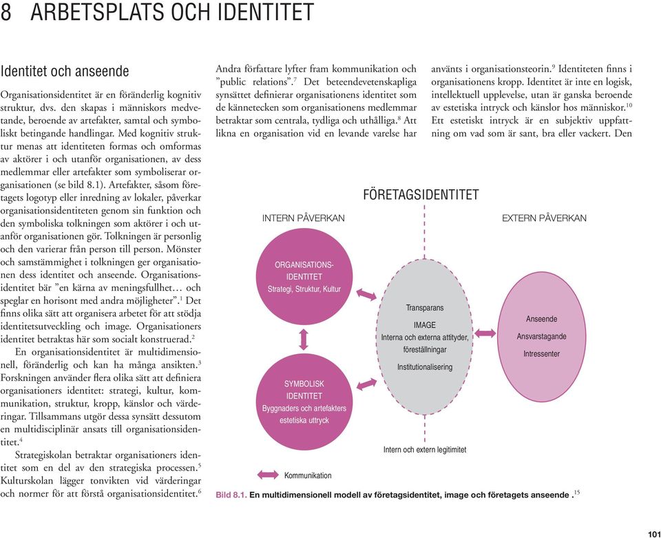 Med kognitiv struktur menas att identiteten formas och omformas av aktörer i och utanför organisationen, av dess medlemmar eller artefakter som symboliserar organisationen (se bild 8.1).