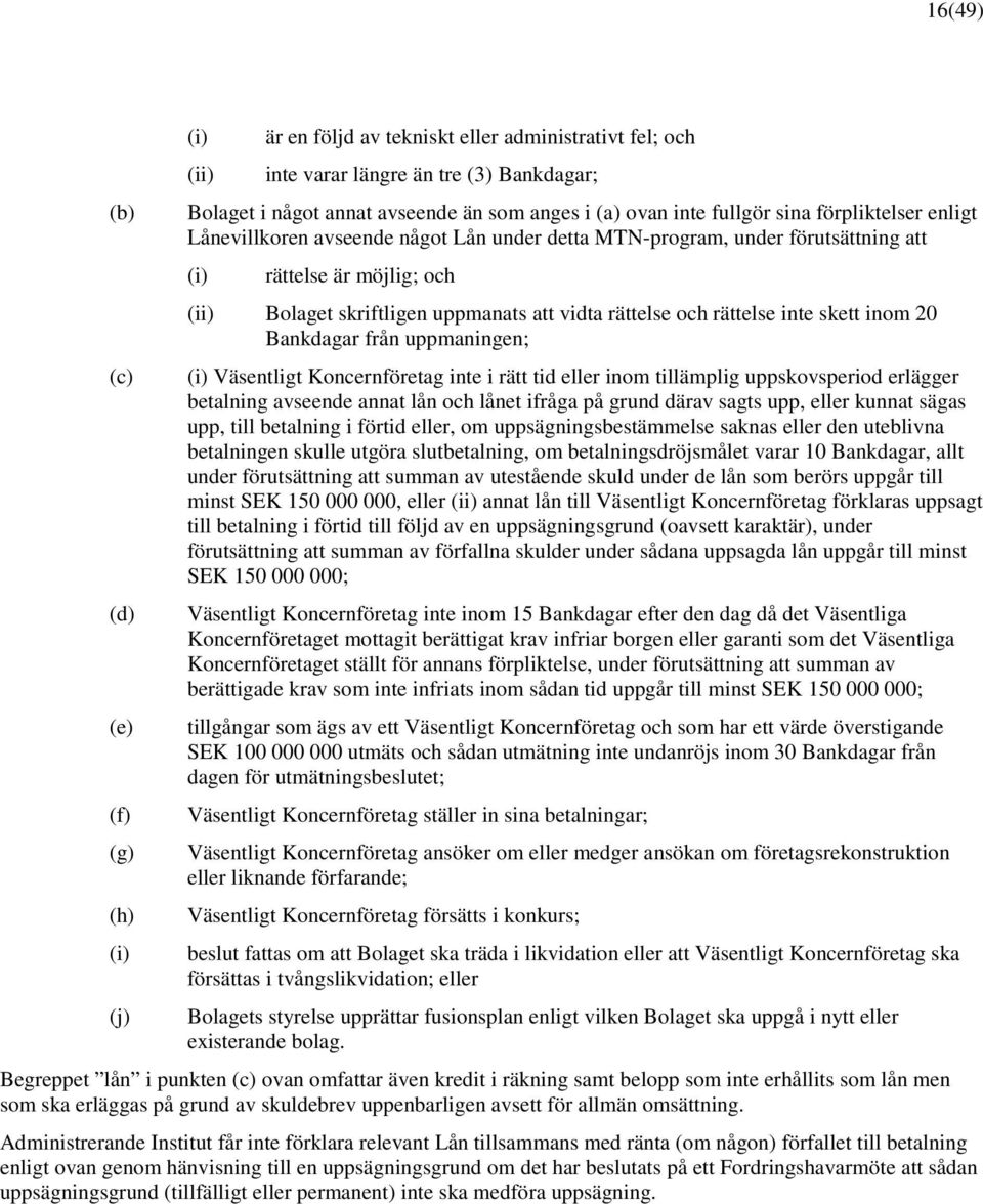 rättelse och rättelse inte skett inom 20 Bankdagar från uppmaningen; (i) Väsentligt Koncernföretag inte i rätt tid eller inom tillämplig uppskovsperiod erlägger betalning avseende annat lån och lånet