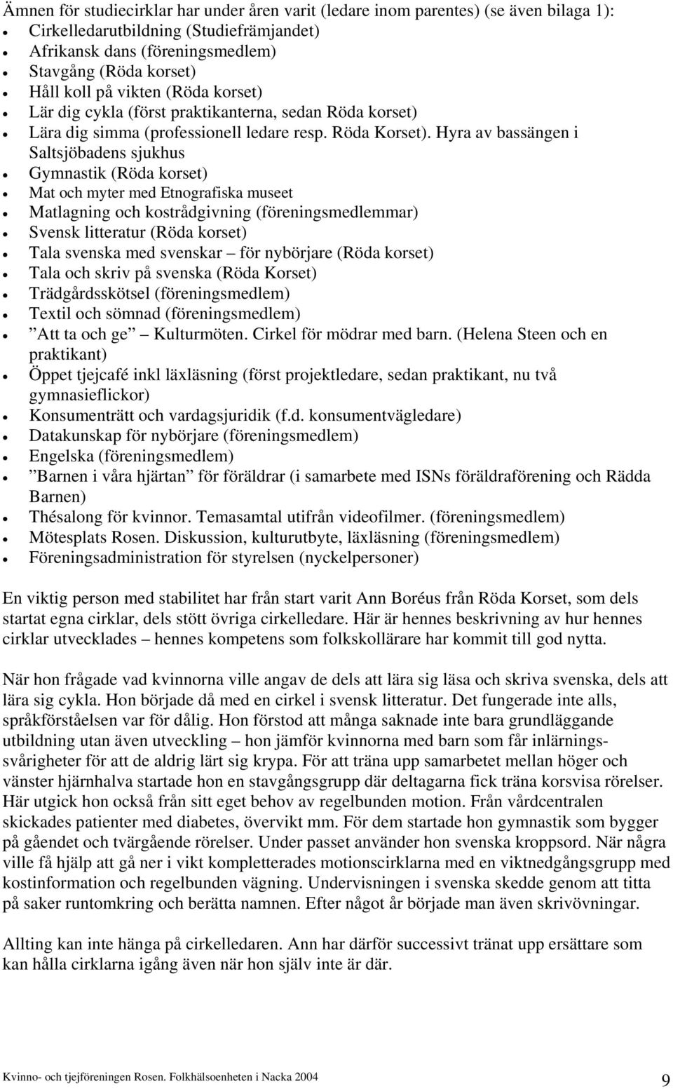 Hyra av bassängen i Saltsjöbadens sjukhus Gymnastik (Röda korset) Mat och myter med Etnografiska museet Matlagning och kostrådgivning (föreningsmedlemmar) Svensk litteratur (Röda korset) Tala svenska