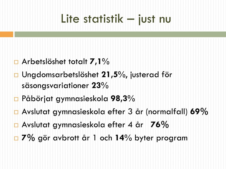 98,3% Avslutat gymnasieskola efter 3 år (normalfall) 69% Avslutat