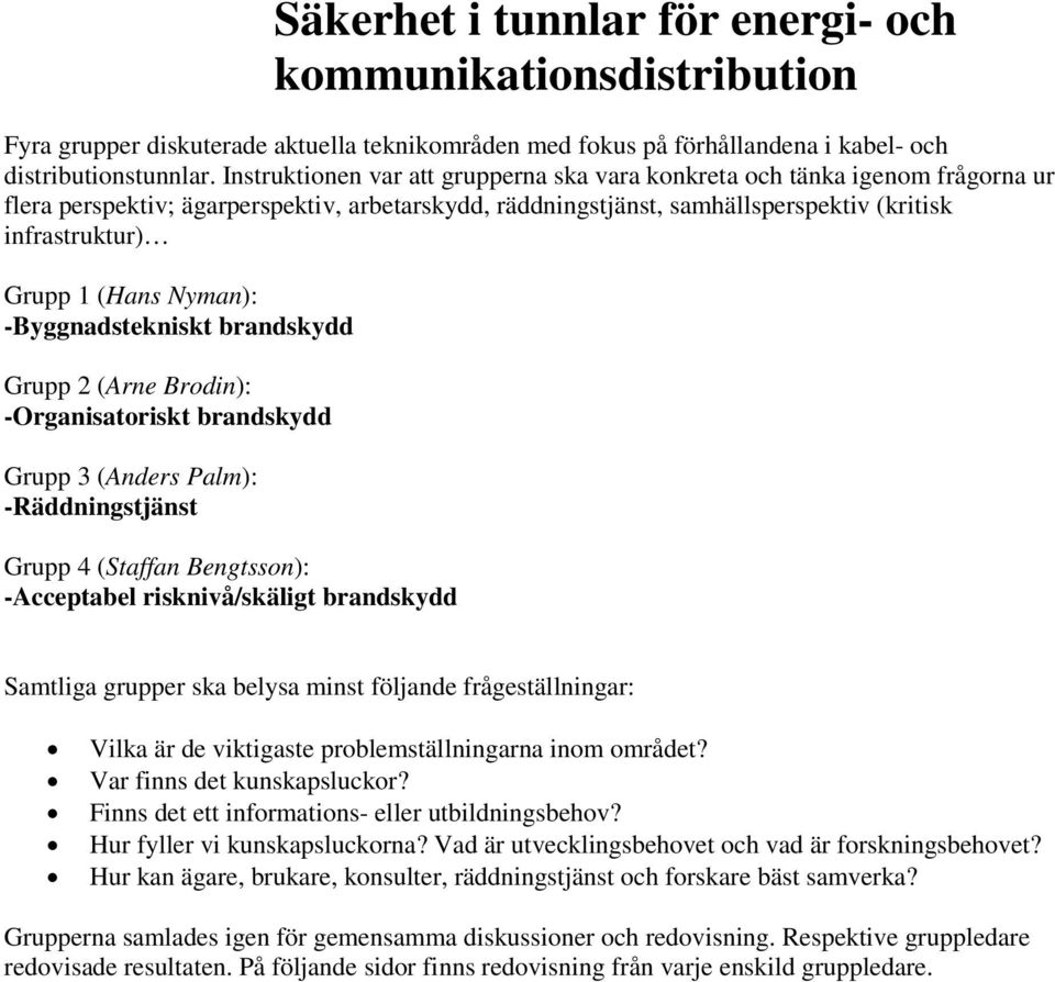 (Hans Nyman): -Byggnadstekniskt brandskydd Grupp 2 (Arne Brodin): -Organisatoriskt brandskydd Grupp 3 (Anders Palm): -Räddningstjänst Grupp 4 (Staffan Bengtsson): -Acceptabel risknivå/skäligt