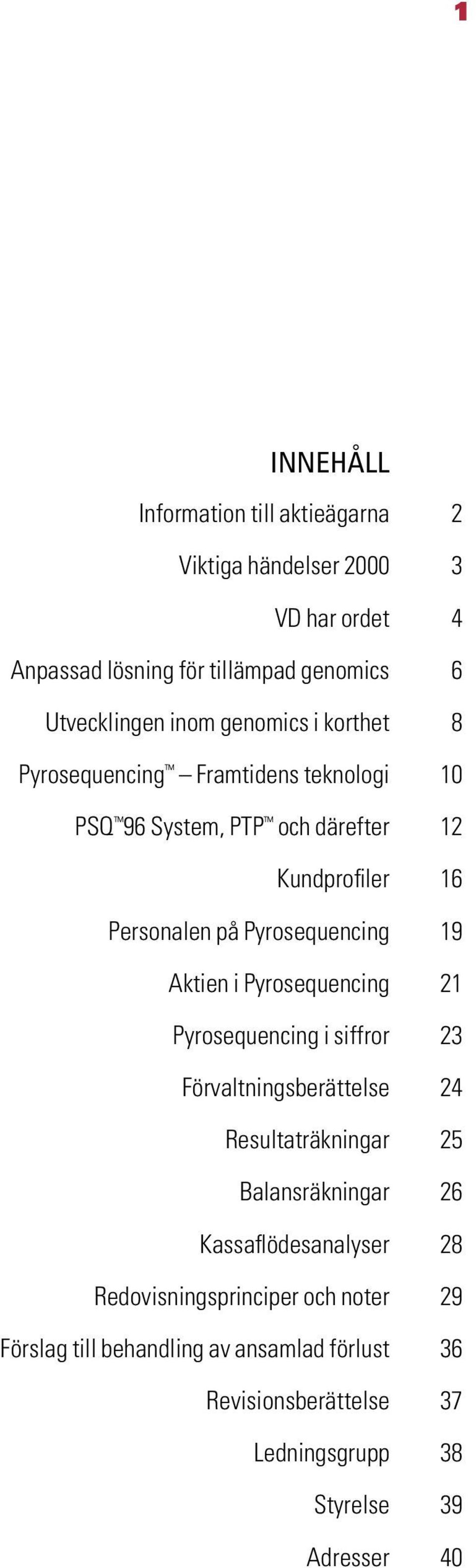 Aktien i Pyrosequencing 21 Pyrosequencing i siffror 23 Förvaltningsberättelse 24 Resultaträkningar 25 Balansräkningar 26 Kassaflödesanalyser 28