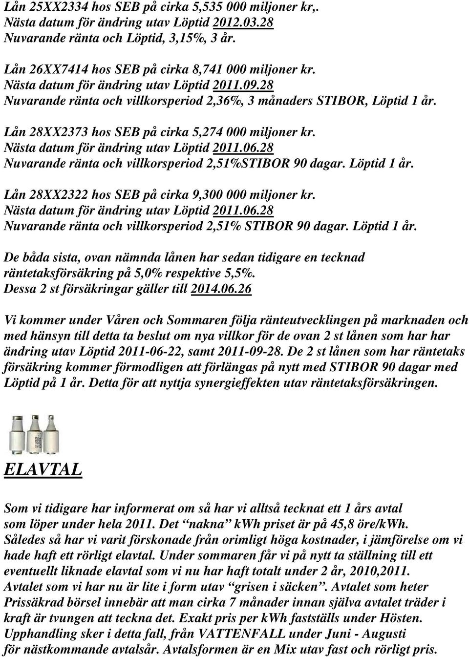 Nästa datum för ändring utav Löptid 2011.06.28 Nuvarande ränta och villkorsperiod 2,51%STIBOR 90 dagar. Löptid 1 år. Lån 28XX2322 hos SEB på cirka 9,300 000 miljoner kr.