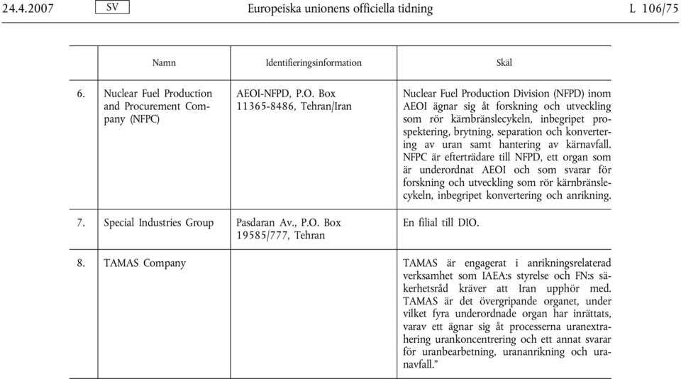 Box 11365-8486, Tehran/Iran Nuclear Fuel Production Division (NFPD) inom AEOI ägnar sig åt forskning och utveckling som rör kärnbränslecykeln, inbegripet prospektering, brytning, separation och