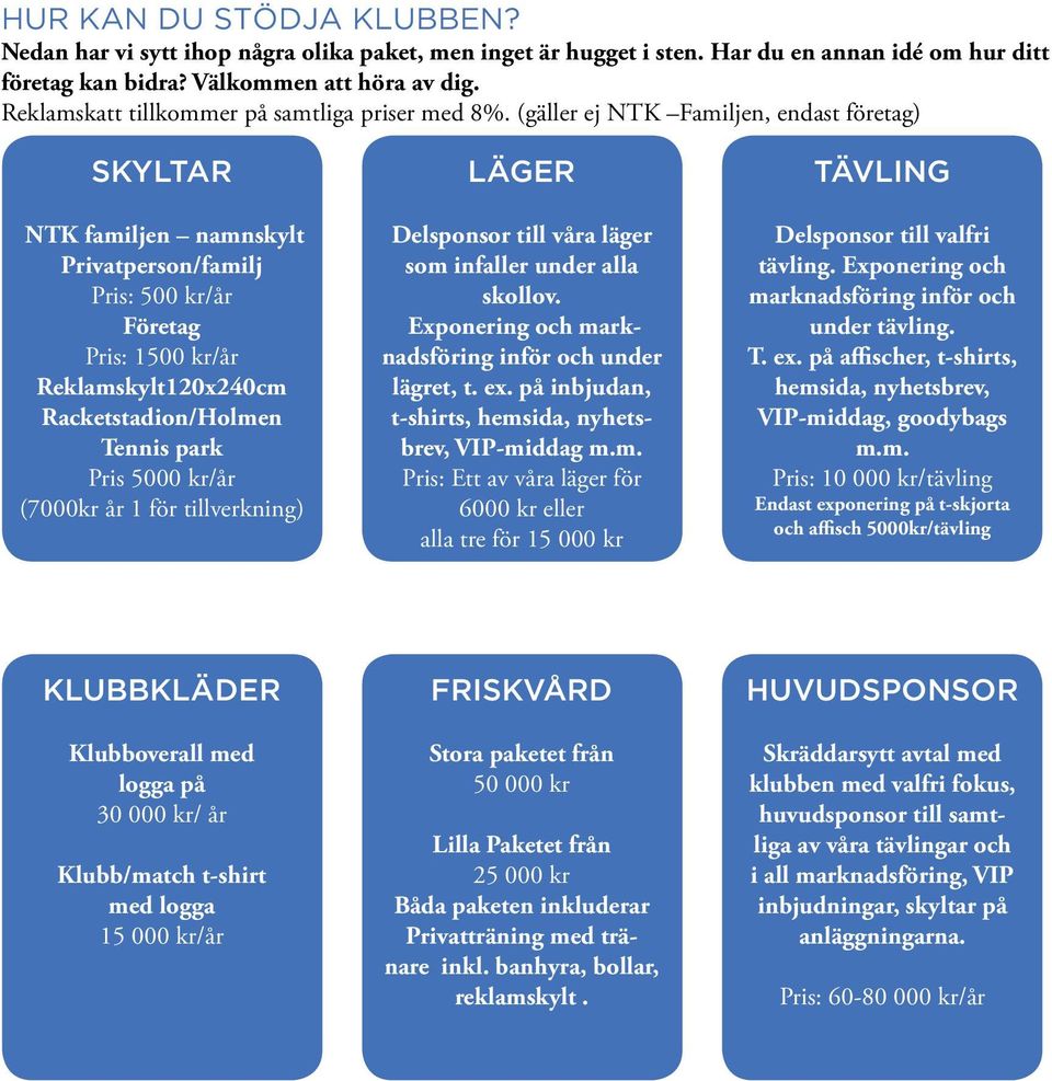 (gäller ej NTK Familjen, endast företag) SKYLTAR NTK familjen namnskylt Privatperson/familj Pris: 500 kr/år Företag Pris: 1500 kr/år Reklamskylt120x240cm Racketstadion/Holmen Tennis park Pris 5000