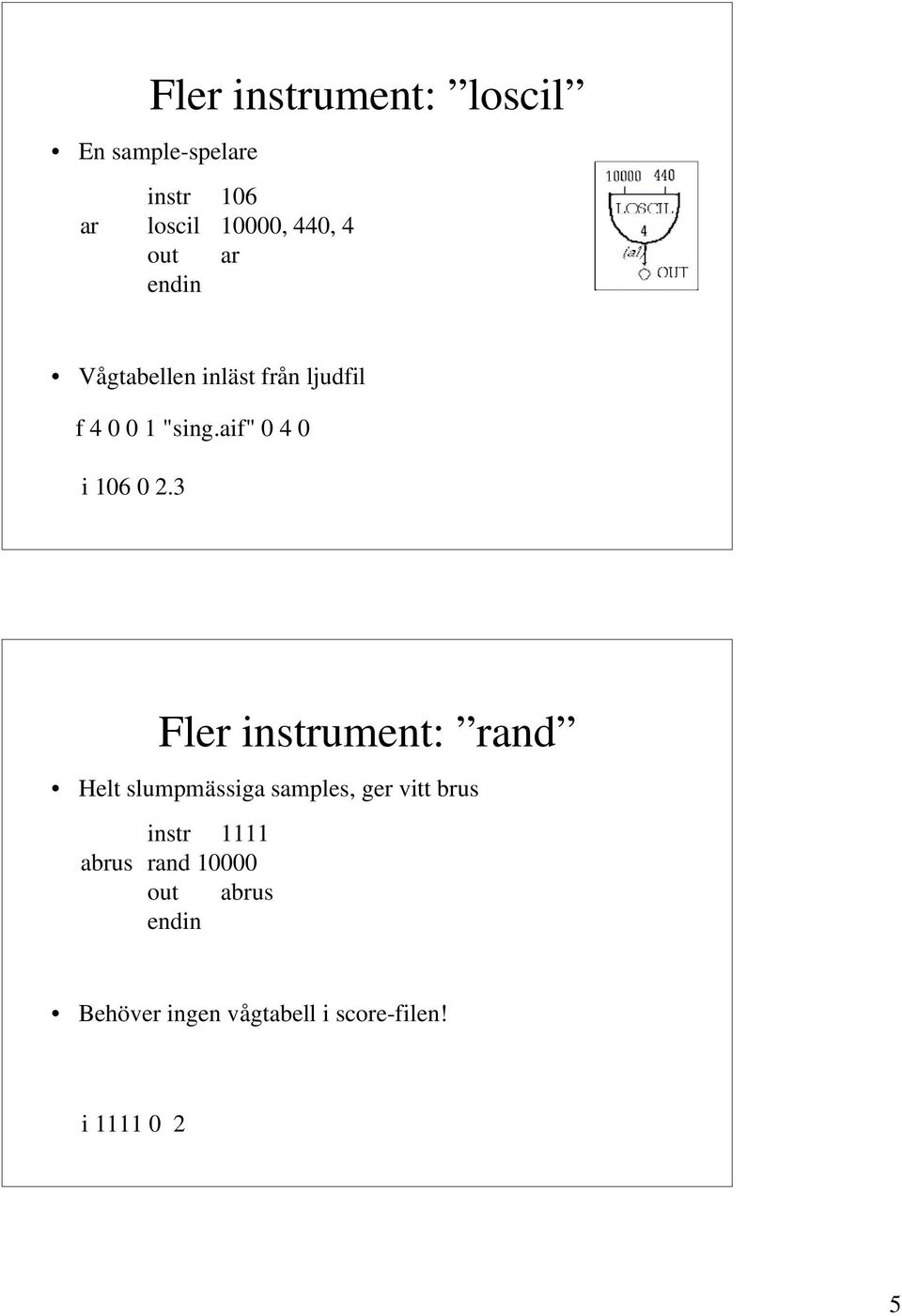 3 Fler instrument: rand Helt slumpmässiga samples, ger vitt brus instr 1111