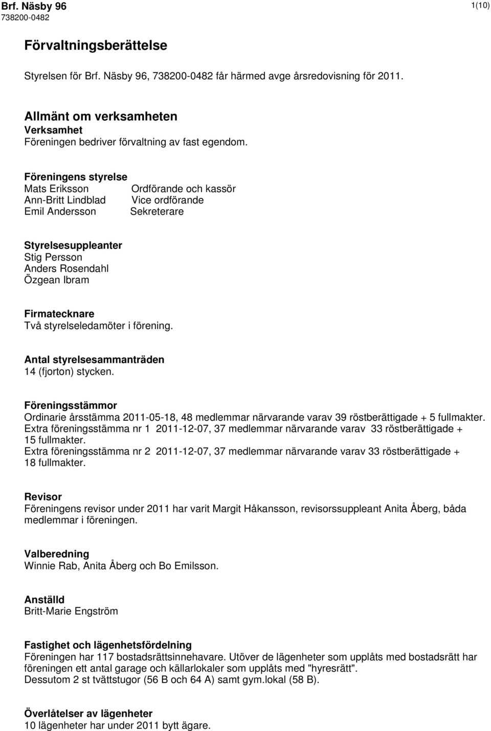 styrelseledamöter i förening. Antal styrelsesammanträden 14 (fjorton) stycken. Föreningsstämmor Ordinarie årsstämma 2011-05-18, 48 medlemmar närvarande varav 39 röstberättigade + 5 fullmakter.