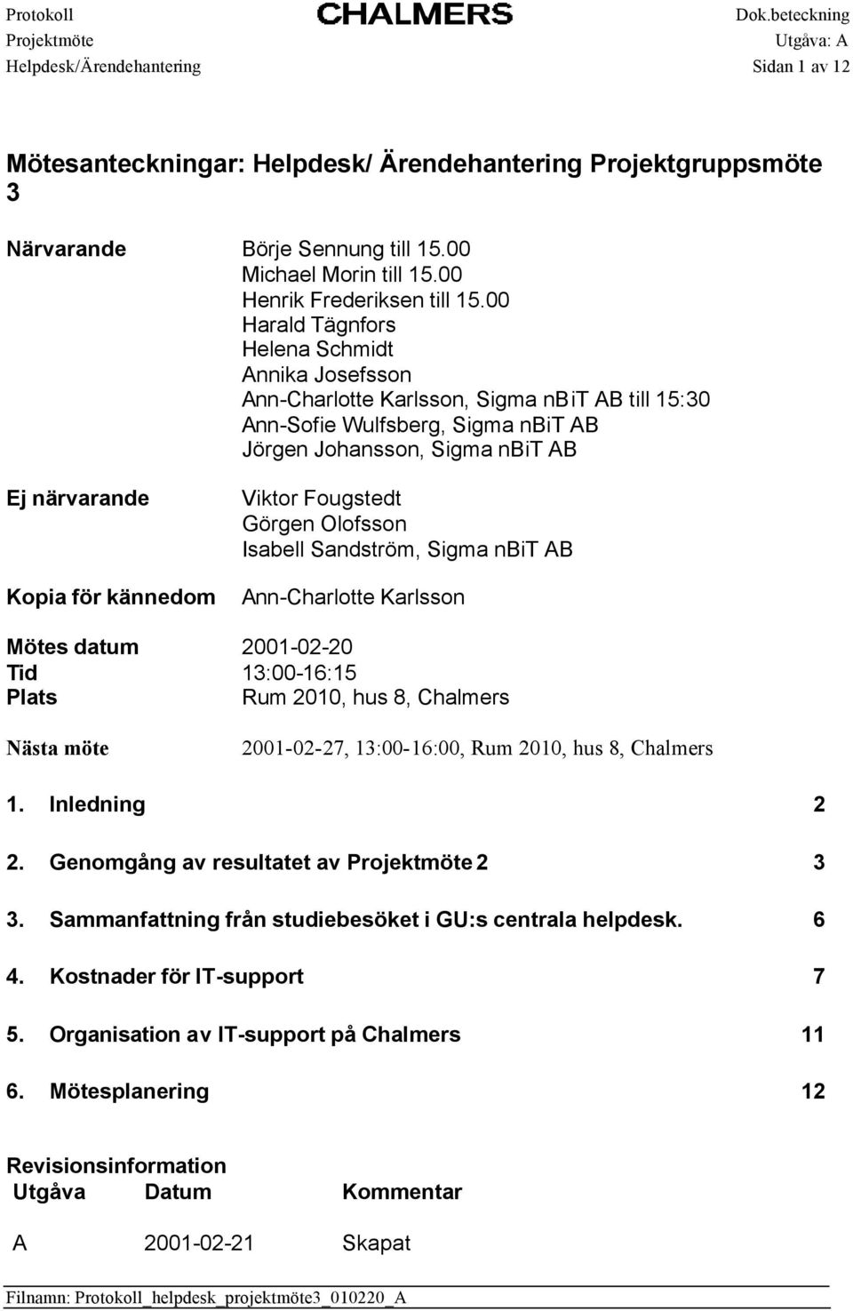 Viktor Fougstedt Görgen Olofsson Isabell Sandström, Sigma nbit AB Ann-Charlotte Karlsson Mötes datum 2001-02-20 Tid 13:00-16:15 Plats Rum 2010, hus 8, Chalmers Nästa möte 2001-02-27, 13:00-16:00, Rum