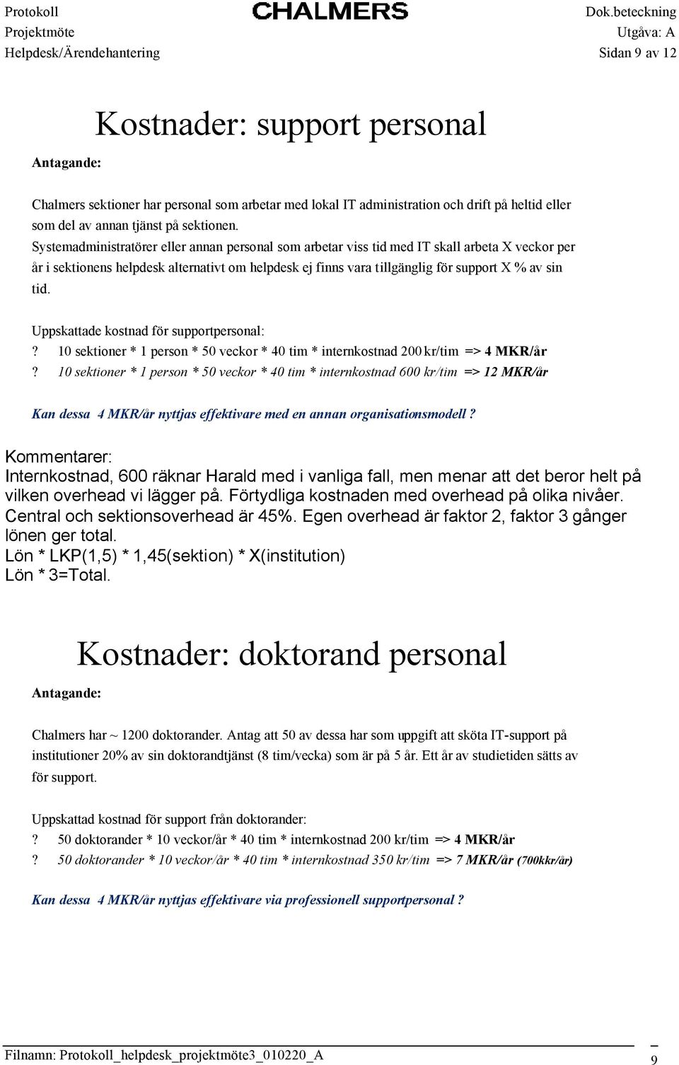 Uppskattade kostnad för supportpersonal:? 10 sektioner * 1 person * 50 veckor * 40 tim * internkostnad 200 kr/tim => 4 MKR/år?