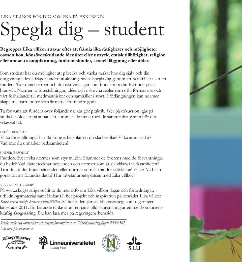 Som student har du möjlighet att påverka och väcka tankar hos dig själv och din omgivning i dessa frågor under utbildningstiden.