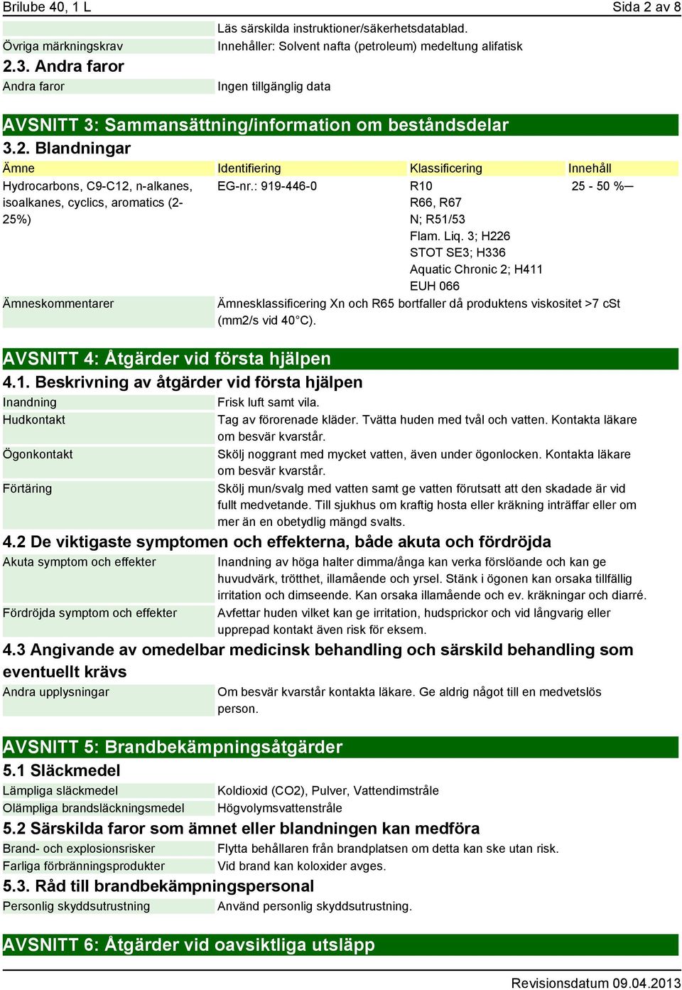 Blandningar Ämne Identifiering Klassificering Innehåll Hydrocarbons, C9-C12, n-alkanes, isoalkanes, cyclics, aromatics (2-25%) Ämneskommentarer AVSNITT 4: Åtgärder vid första hjälpen 4.1. Beskrivning av åtgärder vid första hjälpen Inandning Frisk luft samt vila.