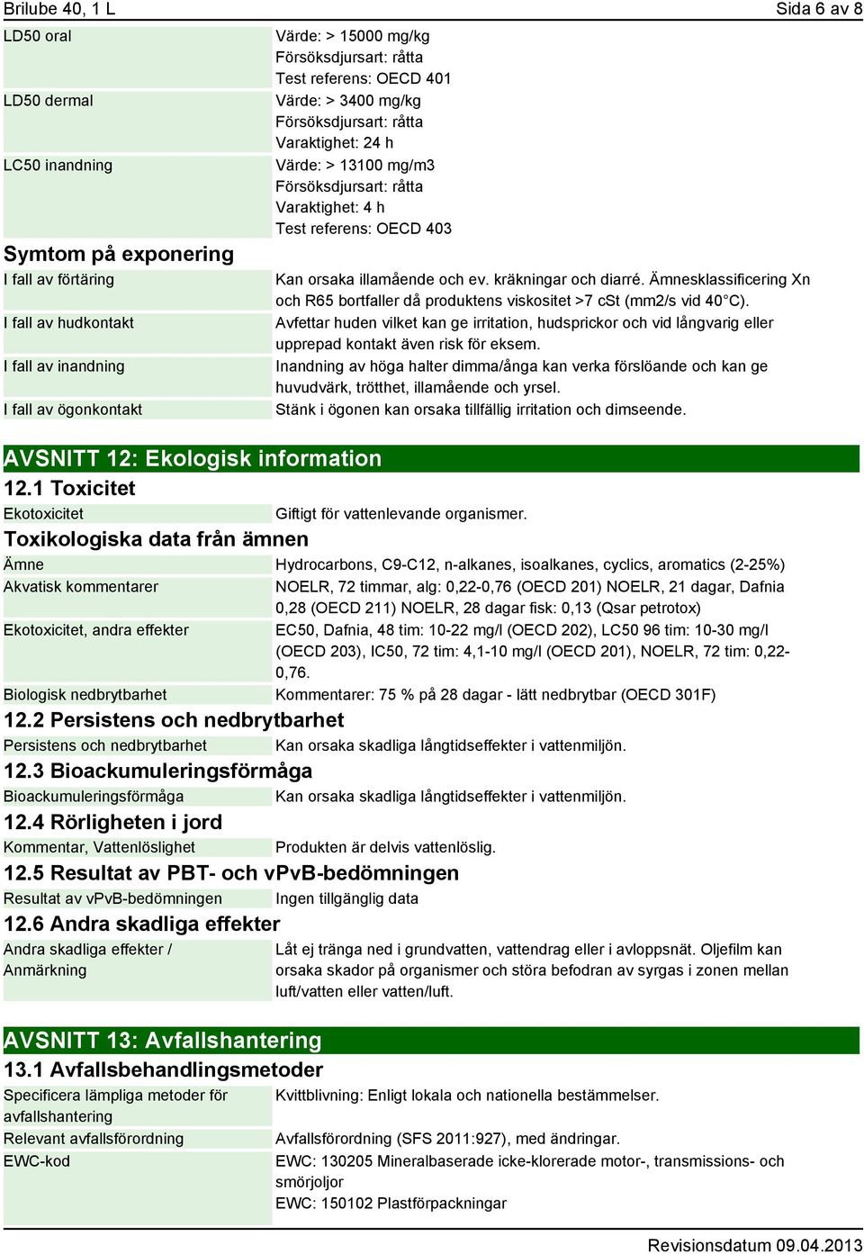 orsaka illamående och ev. kräkningar och diarré. Ämnesklassificering Xn och R65 bortfaller då produktens viskositet >7 cst (mm2/s vid 40 C).