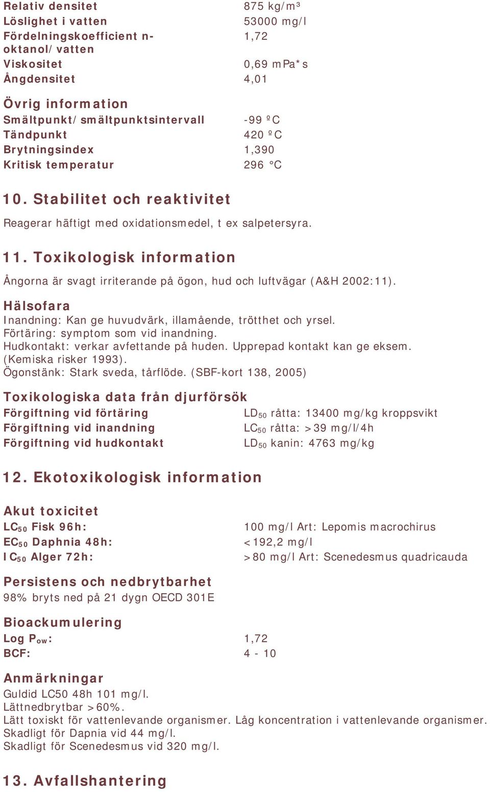 Toxikologisk information Ångorna är svagt irriterande på ögon, hud och luftvägar (A&H 2002:11). Hälsofara Inandning: Kan ge huvudvärk, illamående, trötthet och yrsel.