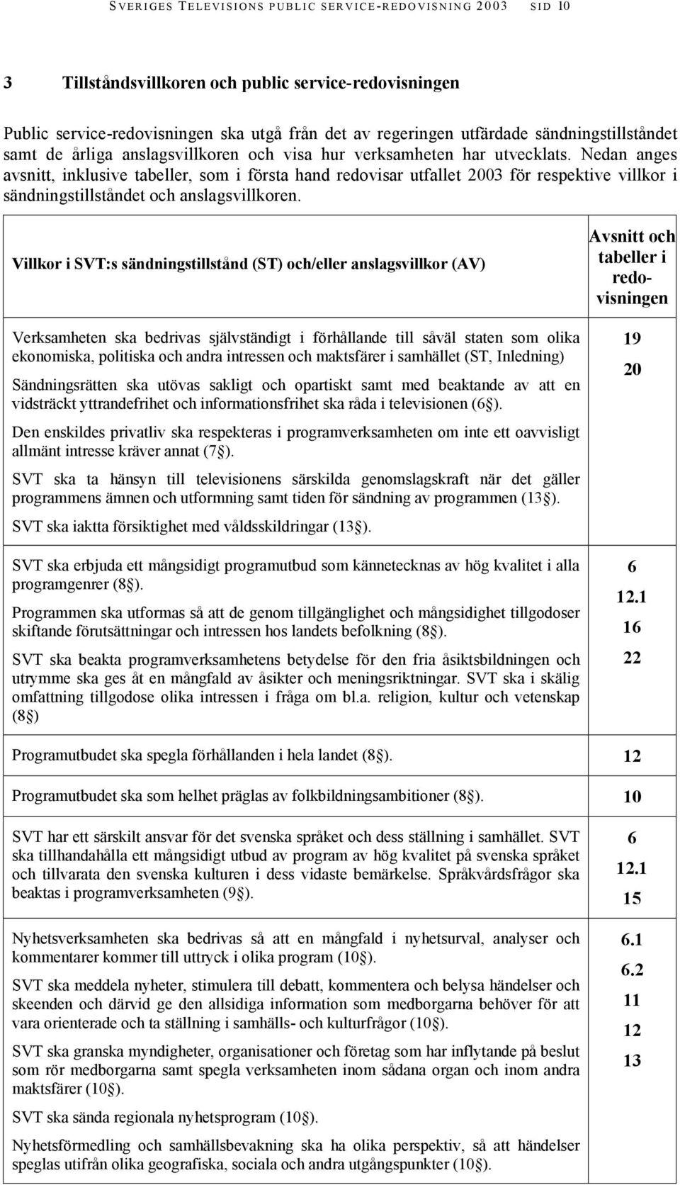 Nedan anges avsnitt, inklusive tabeller, som i första hand redovisar utfallet 2003 för respektive villkor i sändningstillståndet och anslagsvillkoren.