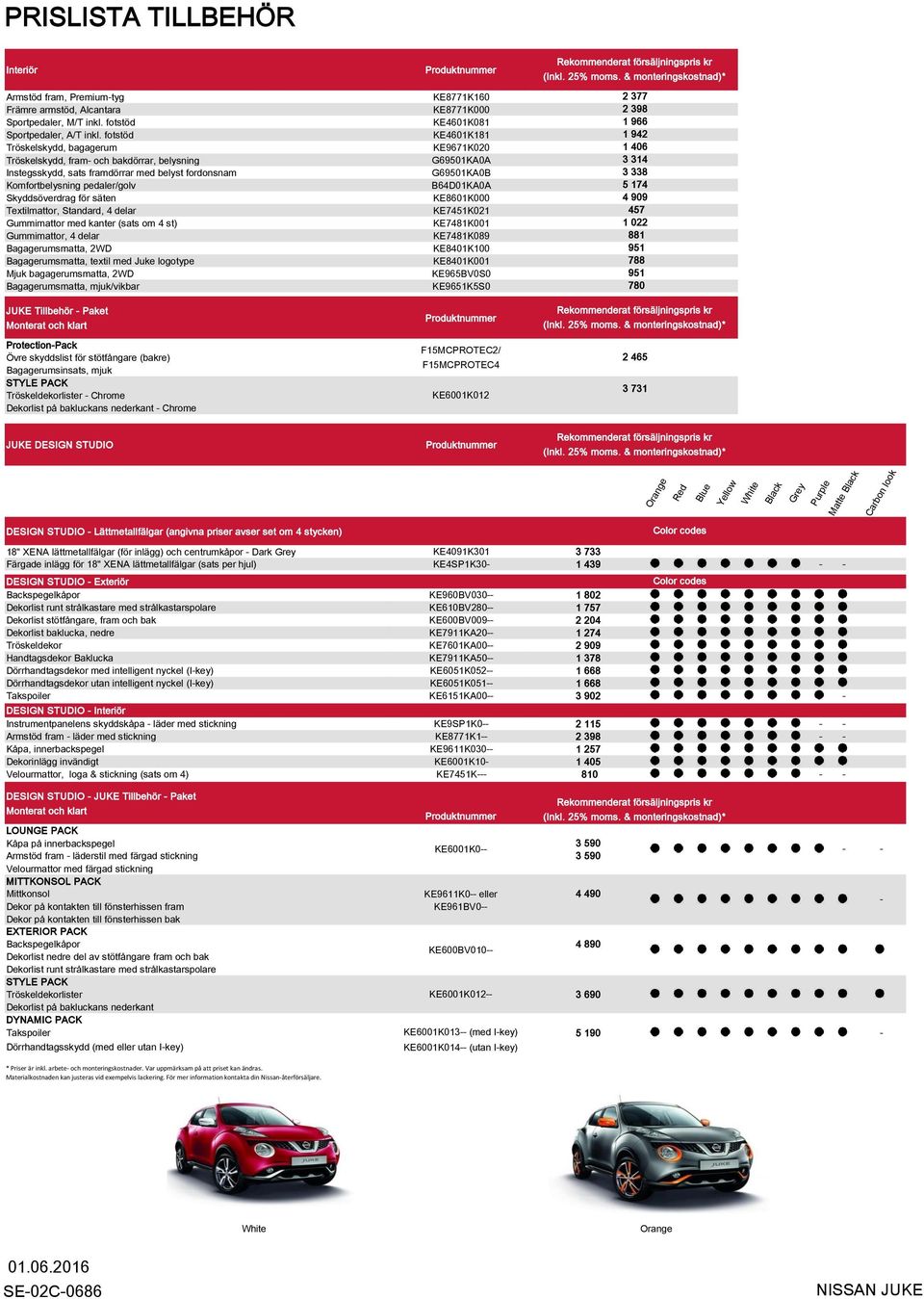 Standard, 4 delar Gummimattor med kanter (sats om 4 st) Gummimattor, 4 delar Bagagerumsmatta, 2WD Bagagerumsmatta, textil med Juke logotype Mjuk bagagerumsmatta, 2WD Bagagerumsmatta, mjuk/vikbar JUKE