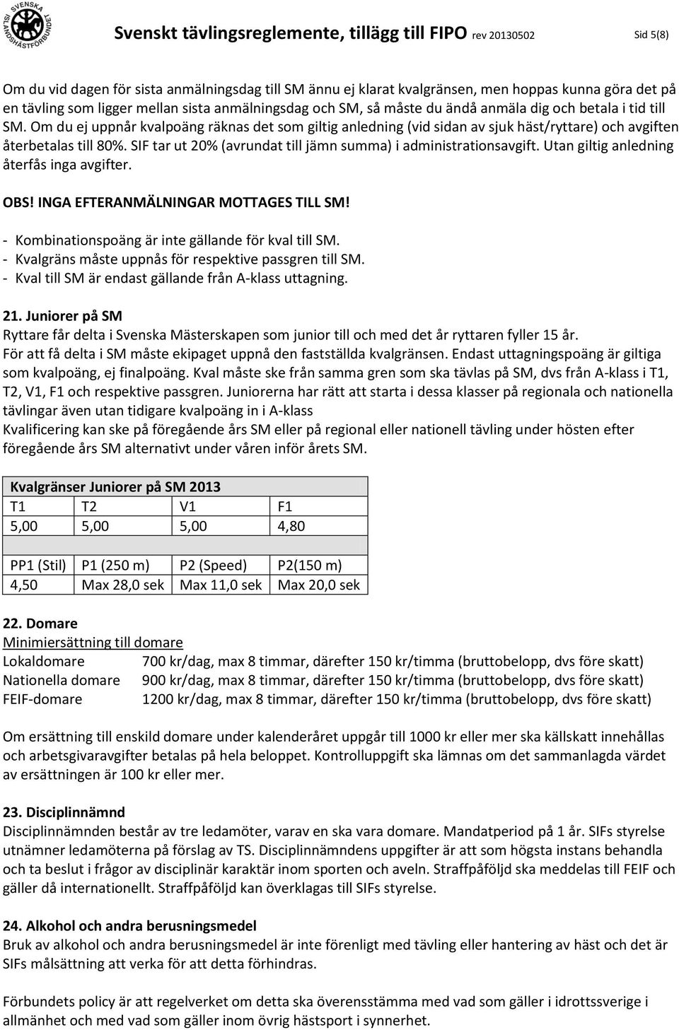 Om du ej uppnår kvalpoäng räknas det som giltig anledning (vid sidan av sjuk häst/ryttare) och avgiften återbetalas till 80%. SIF tar ut 20% (avrundat till jämn summa) i administrationsavgift.