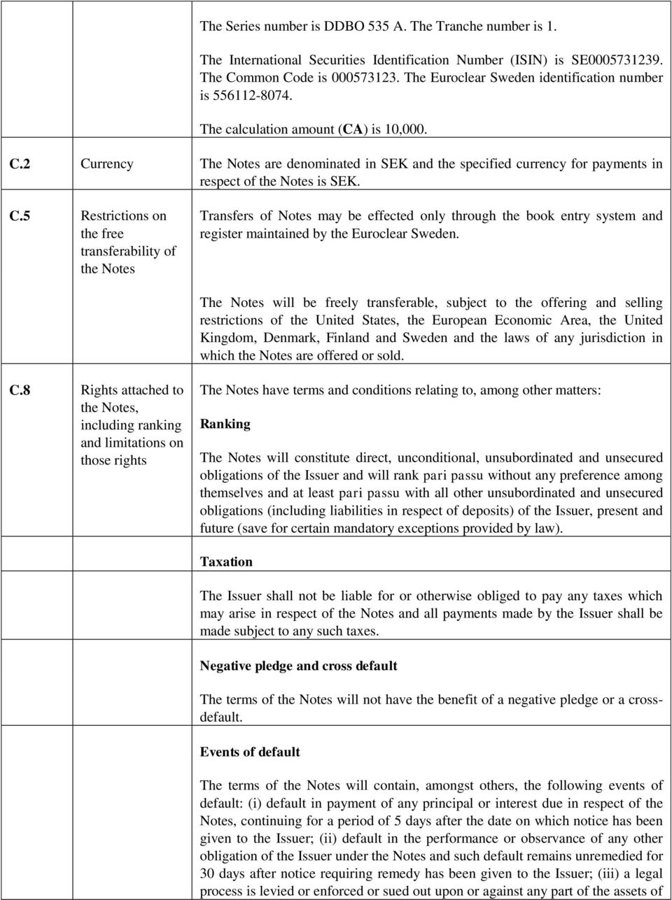 2 Currency The Notes are denominated in SEK and the specified currency for payments in respect of the Notes is SEK. C.5 Restrictions on the free transferability of the Notes Transfers of Notes may be effected only through the book entry system and register maintained by the Euroclear Sweden.