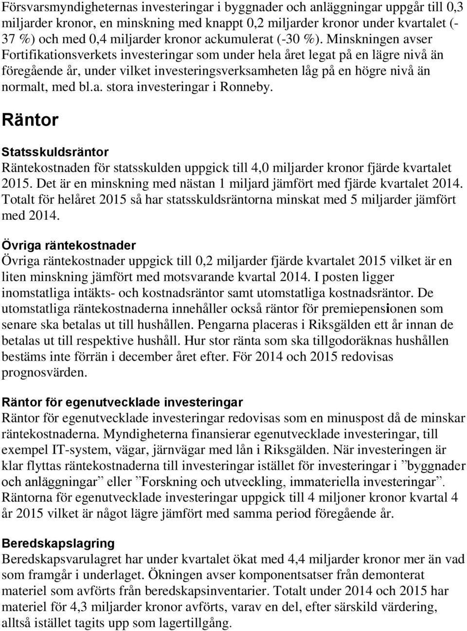 Minskningen avser Fortifikationsverkets investeringar som under hela året legat på en lägre nivå än föregående år, under vilket investeringsverksamheten låg på en högre nivå än normalt, med bl.a. stora investeringar i Ronneby.
