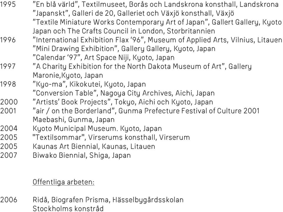 Japan Calendar 97, Art Space Niji, Kyoto, Japan 1997 A Charity Exhibition for the North Dakota Museum of Art, Gallery Maronie,Kyoto, Japan 1998 Kyo-ma, Kikokutei, Kyoto, Japan Conversion Table,