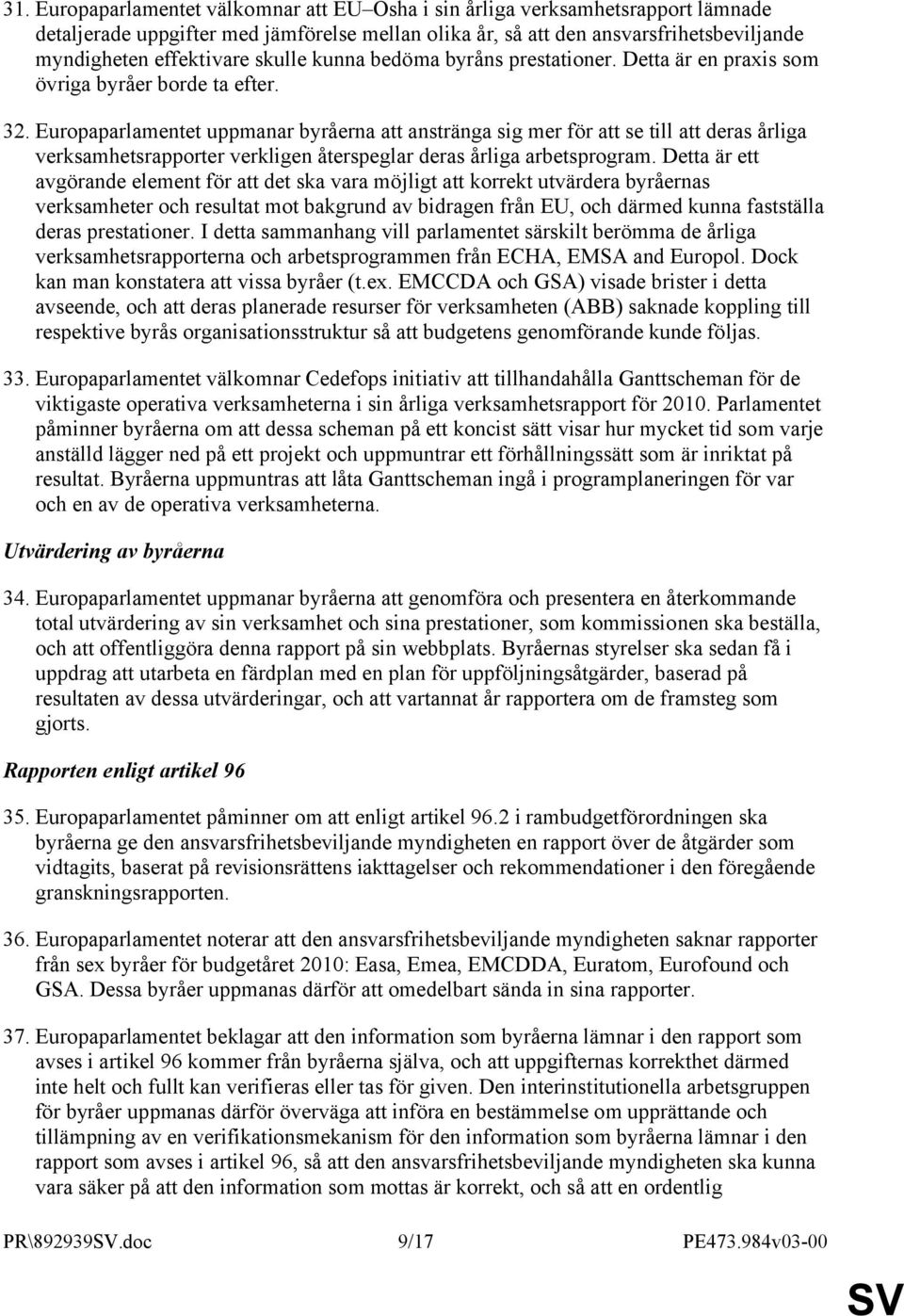 Europaparlamentet uppmanar byråerna att anstränga sig mer för att se till att deras årliga verksamhetsrapporter verkligen återspeglar deras årliga arbetsprogram.