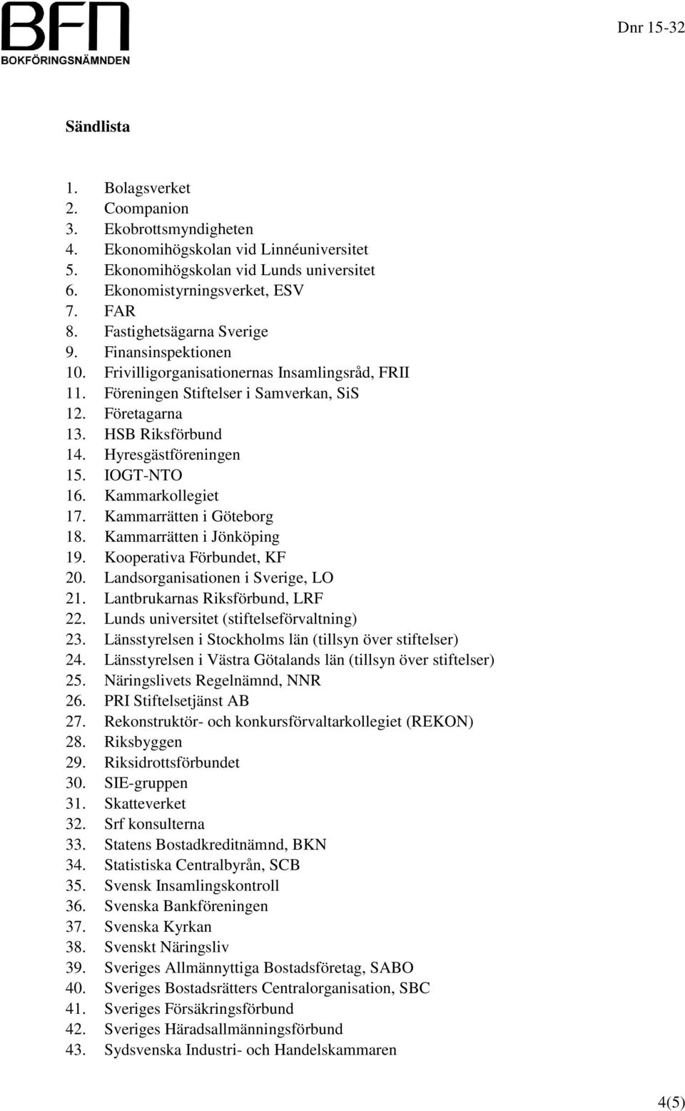 Hyresgästföreningen 15. IOGT-NTO 16. Kammarkollegiet 17. Kammarrätten i Göteborg 18. Kammarrätten i Jönköping 19. Kooperativa Förbundet, KF 20. Landsorganisationen i Sverige, LO 21.