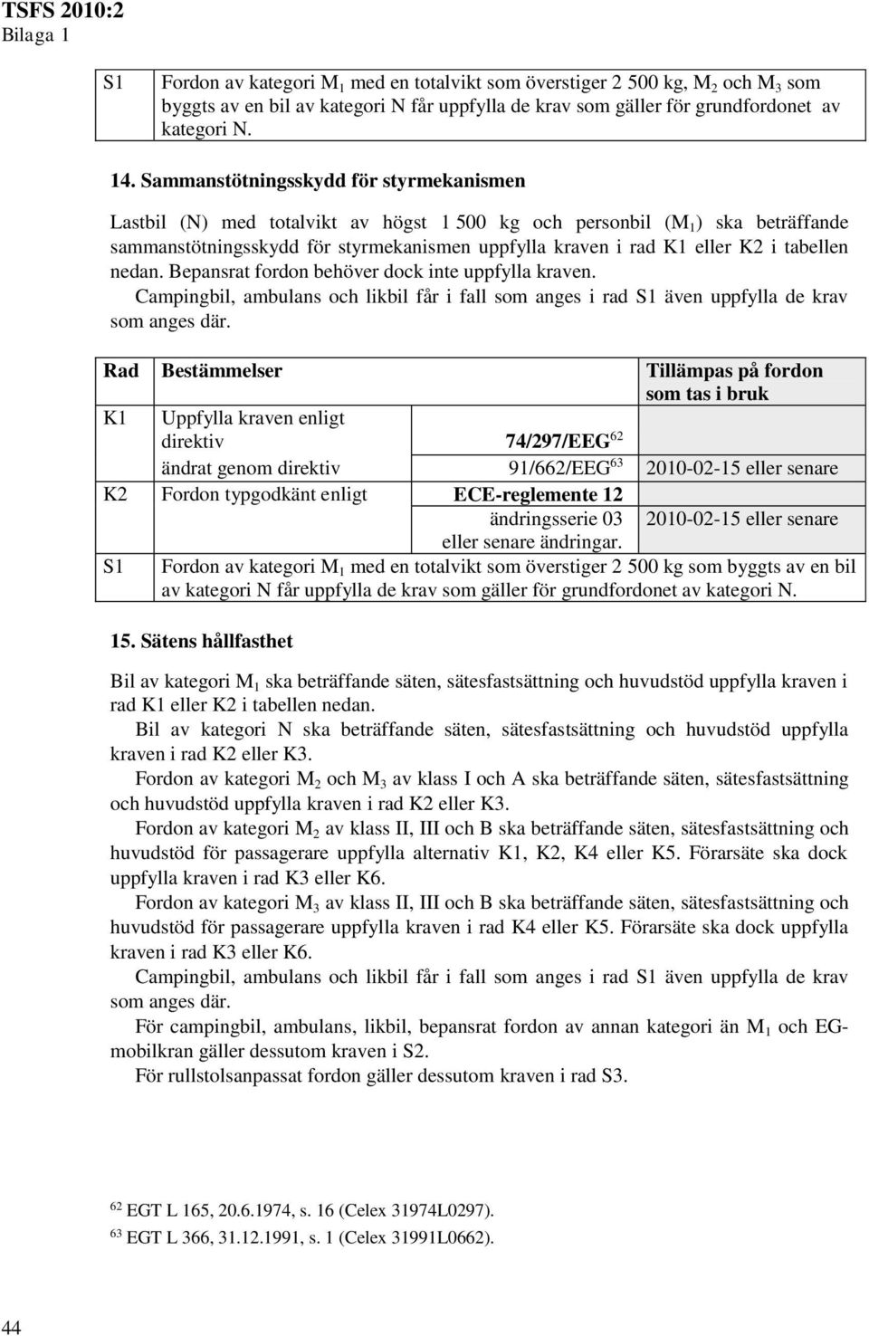 tabellen nedan. Bepansrat fordon behöver dock inte uppfylla kraven. Campingbil, ambulans och likbil får i fall som anges i rad S1 även uppfylla de krav som anges där.