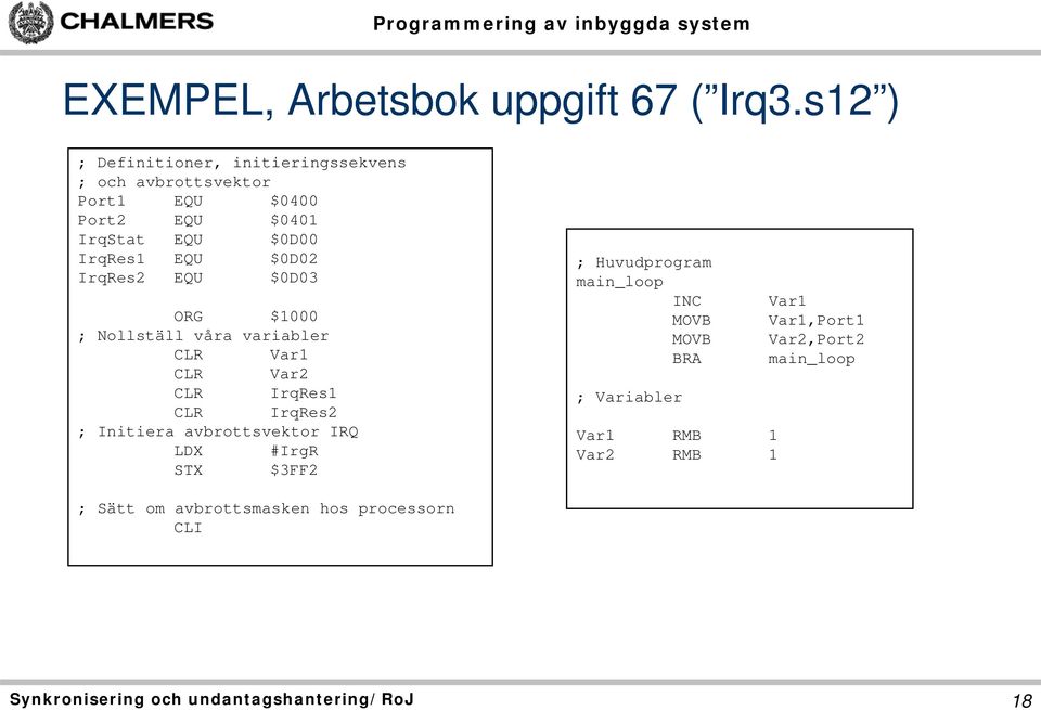 IrqRes1 EQU $0D02 IrqRes2 EQU $0D03 ORG $1000 ; Nollställ våra variabler CLR Var1 CLR Var2 CLR IrqRes1 CLR IrqRes2 ;