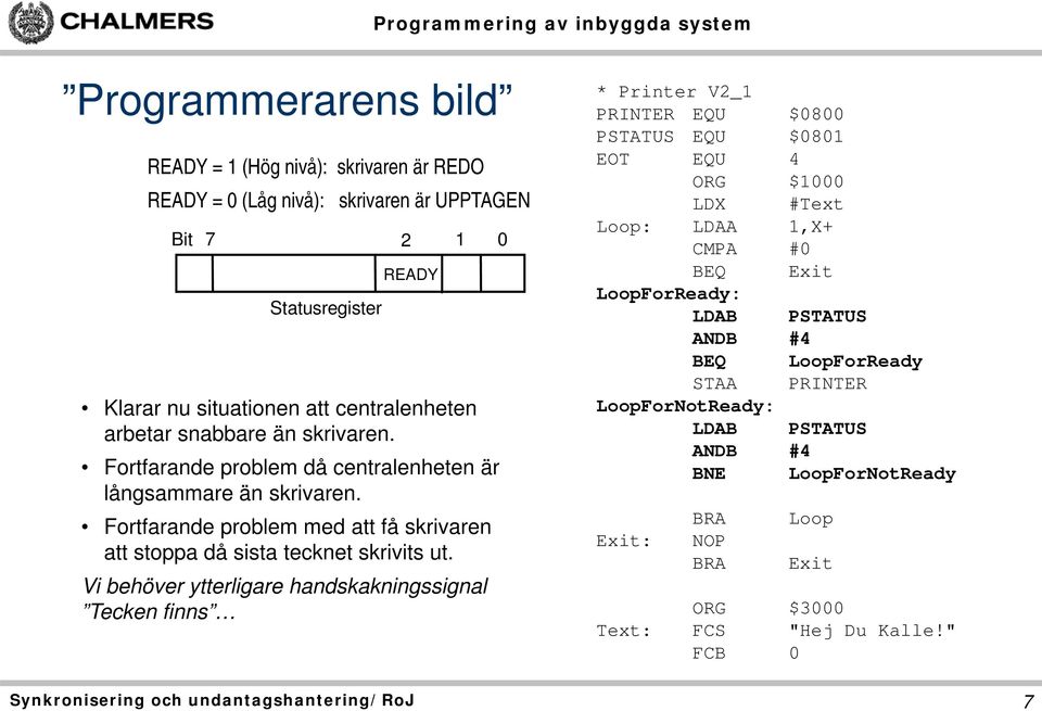 Vi behöver ytterligare handskakningssignal Tecken finns 2 1 0 * Printer V2_1 PRINTER EQU $0800 PSTATUS EQU $0801 EOT EQU 4 ORG $1000 LDX #Text Loop: LDAA 1,X+ CMPA #0 BEQ Exit