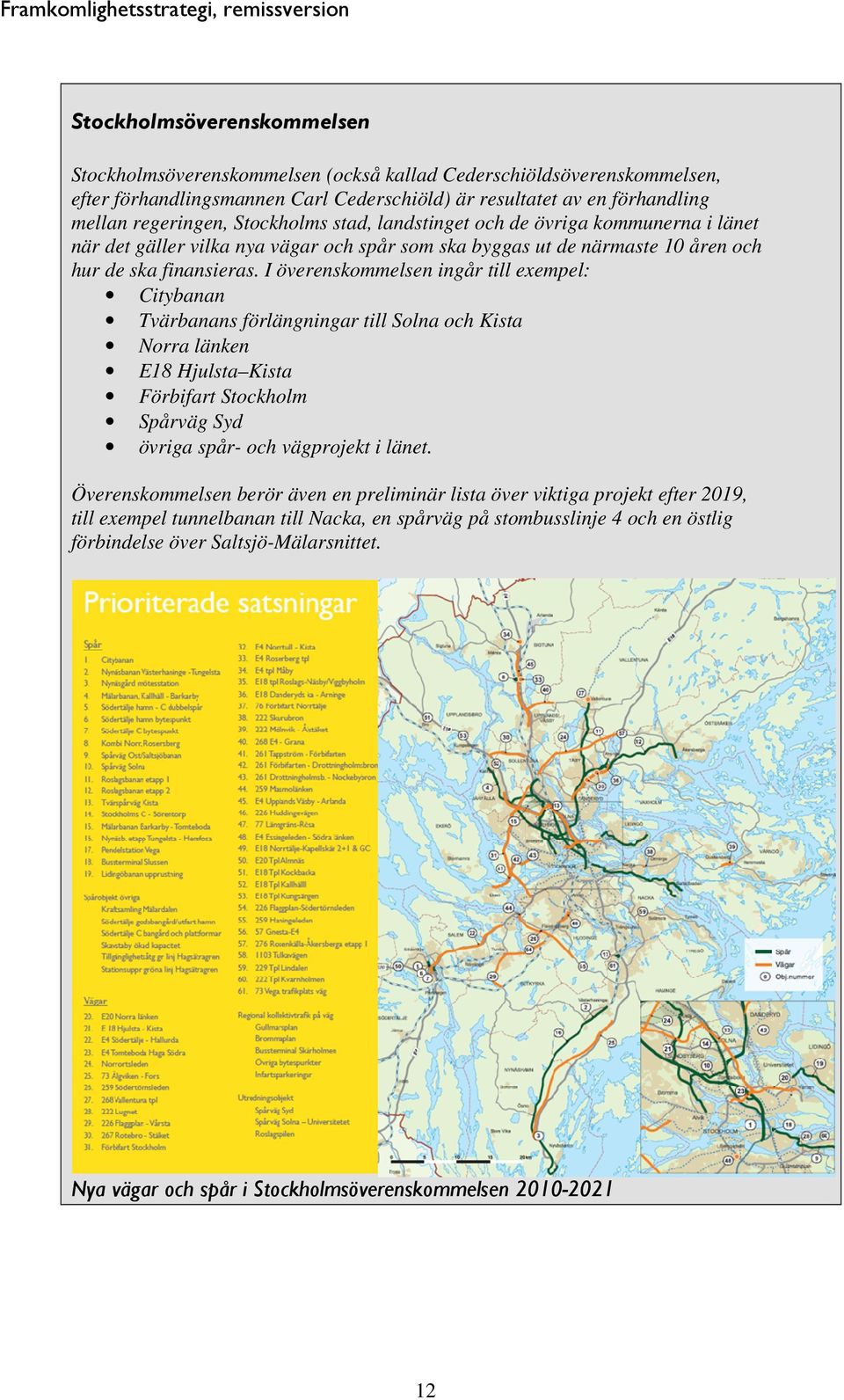 I överenskommelsen ingår till exempel: Citybanan Tvärbanans förlängningar till Solna och Kista Norra länken E18 Hjulsta Kista Förbifart Stockholm Spårväg Syd övriga spår- och vägprojekt i länet.