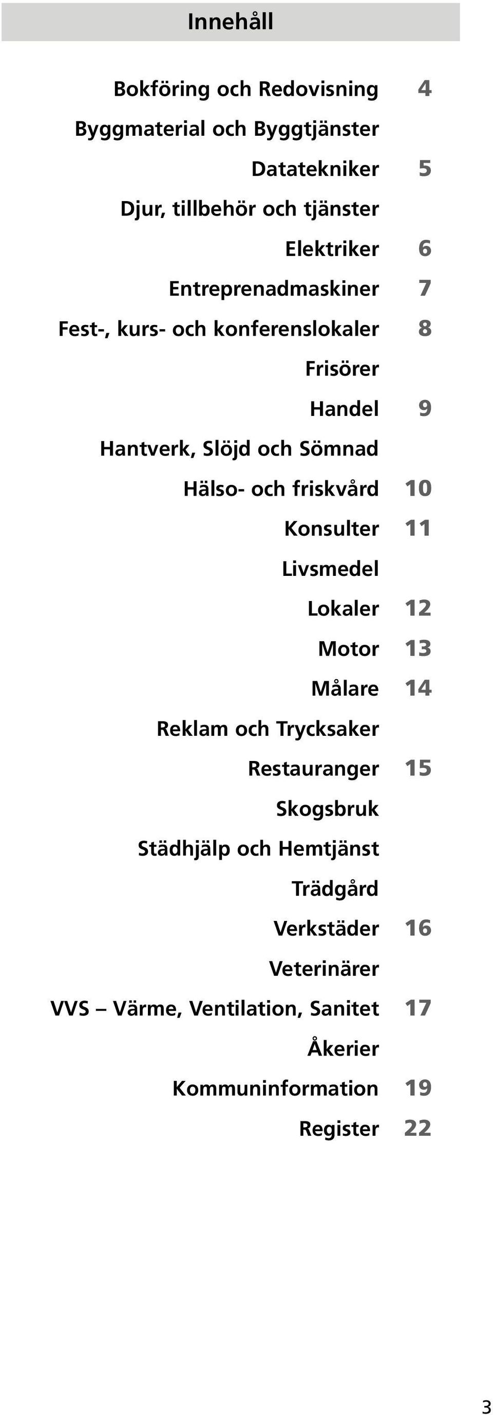 friskvård 10 Konsulter 11 Livsmedel Lokaler 12 Motor 13 Målare 14 Reklam och Trycksaker Restauranger 15 Skogsbruk