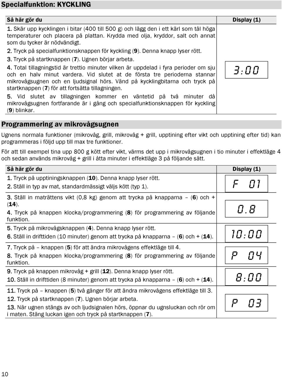 4. Total tillagningstid är trettio minuter vilken är uppdelad i fyra perioder om sju och en halv minut vardera. Vid slutet at de första tre perioderna stannar mikrovågsugnen och en ljudsignal hörs.