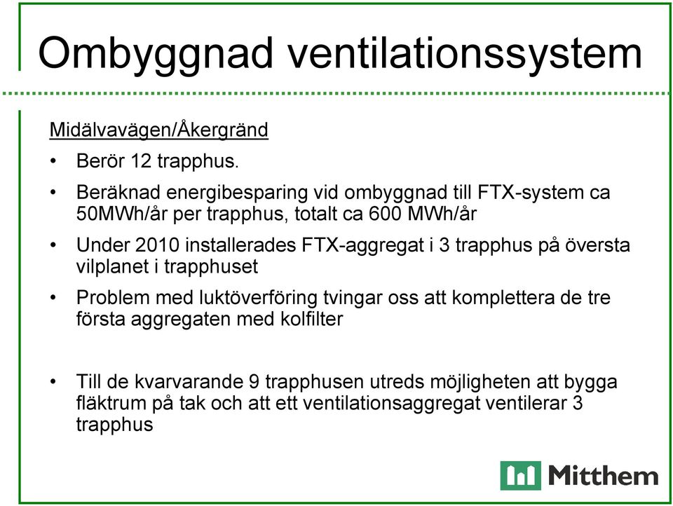 installerades FTX-aggregat i 3 trapphus på översta vilplanet i trapphuset Problem med luktöverföring tvingar oss att