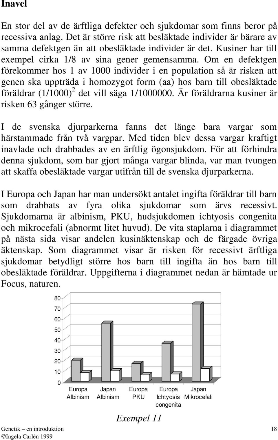 Om en defektgen förekommer hos 1 v 1000 individer i en popultion så är risken tt genen sk uppträd i homozygot form () hos brn till obesläktde föräldrr (1/1000) 2 det vill säg 1/1000000.