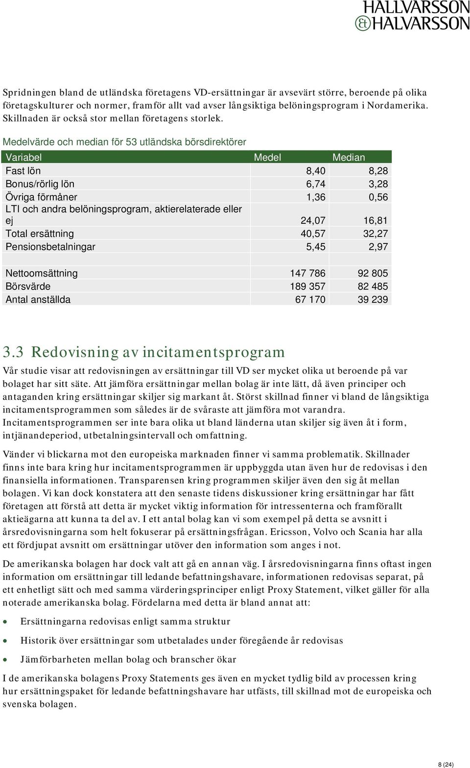 Medelvärde och median för 53 utländska börsdirektörer Variabel Medel Median Fast lön 8,40 8,28 Bonus/rörlig lön 6,74 3,28 Övriga förmåner 1,36 0,56 LTI och andra belöningsprogram, aktierelaterade