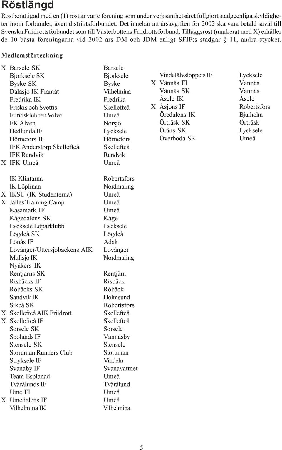 Tilläggsröst (markerat med X) erhåller de 10 bästa föreningarna vid 2002 års DM och JDM enligt SFIF:s stadgar 11, andra stycket.