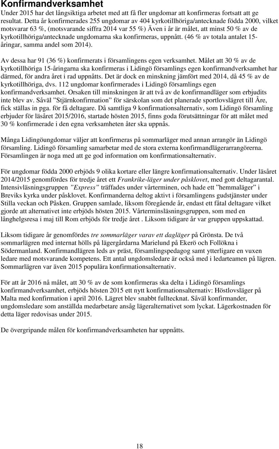 kyrkotillhöriga/antecknade ungdomarna ska konfirmeras, uppnått. (46 % av totala antalet 15- åringar, samma andel som 2014). Av dessa har 91 (36 %) konfirmerats i församlingens egen verksamhet.