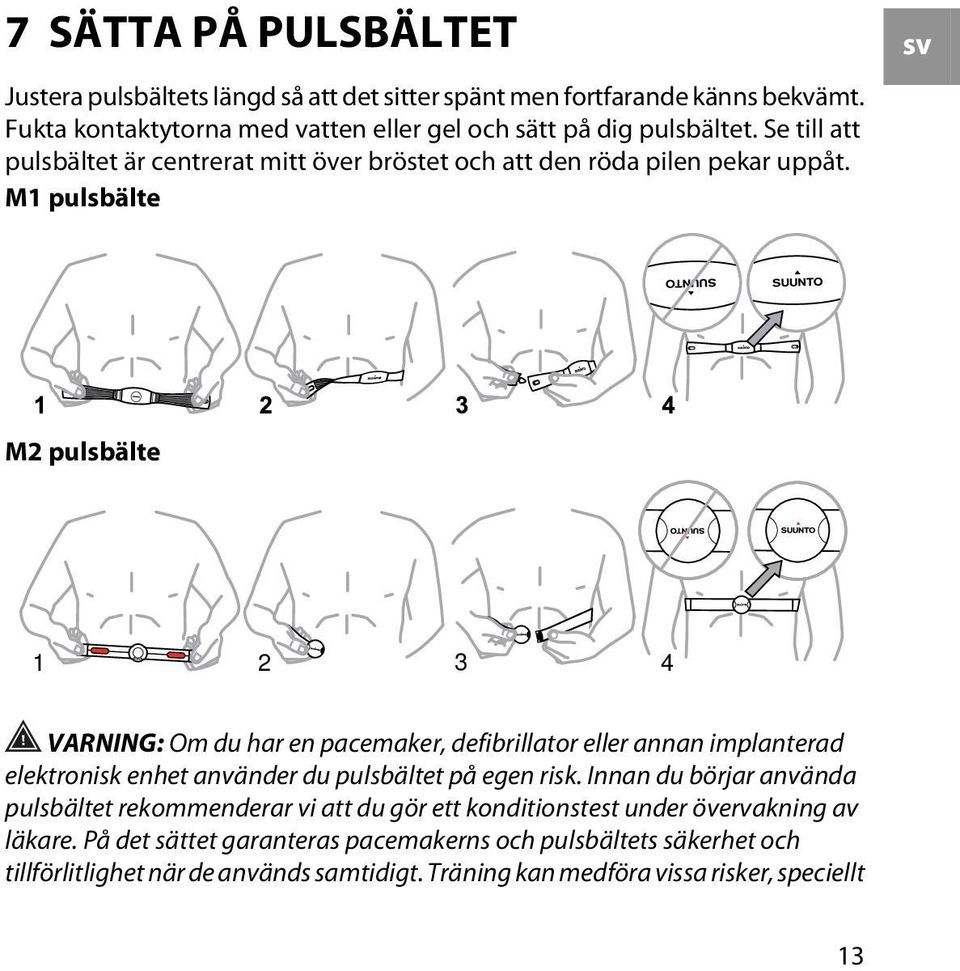 M1 pulsbälte sv M2 pulsbälte 1 2 3 4 VARNING: Om du har en pacemaker, defibrillator eller annan implanterad elektronisk enhet använder du pulsbältet på egen risk.