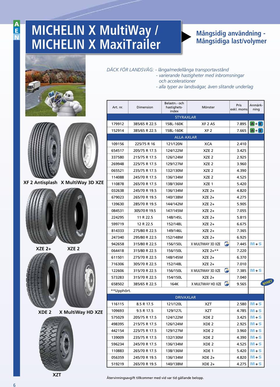 - och hastighetsindex STYR Återvinningsavgift tillkommer med vid var tid gällande belopp. Mönster 179912 385/65 R 22.5 158L-160K XF 2 AS 7.895 152914 385/65 R 22.5 158L-160K XF 2 7.