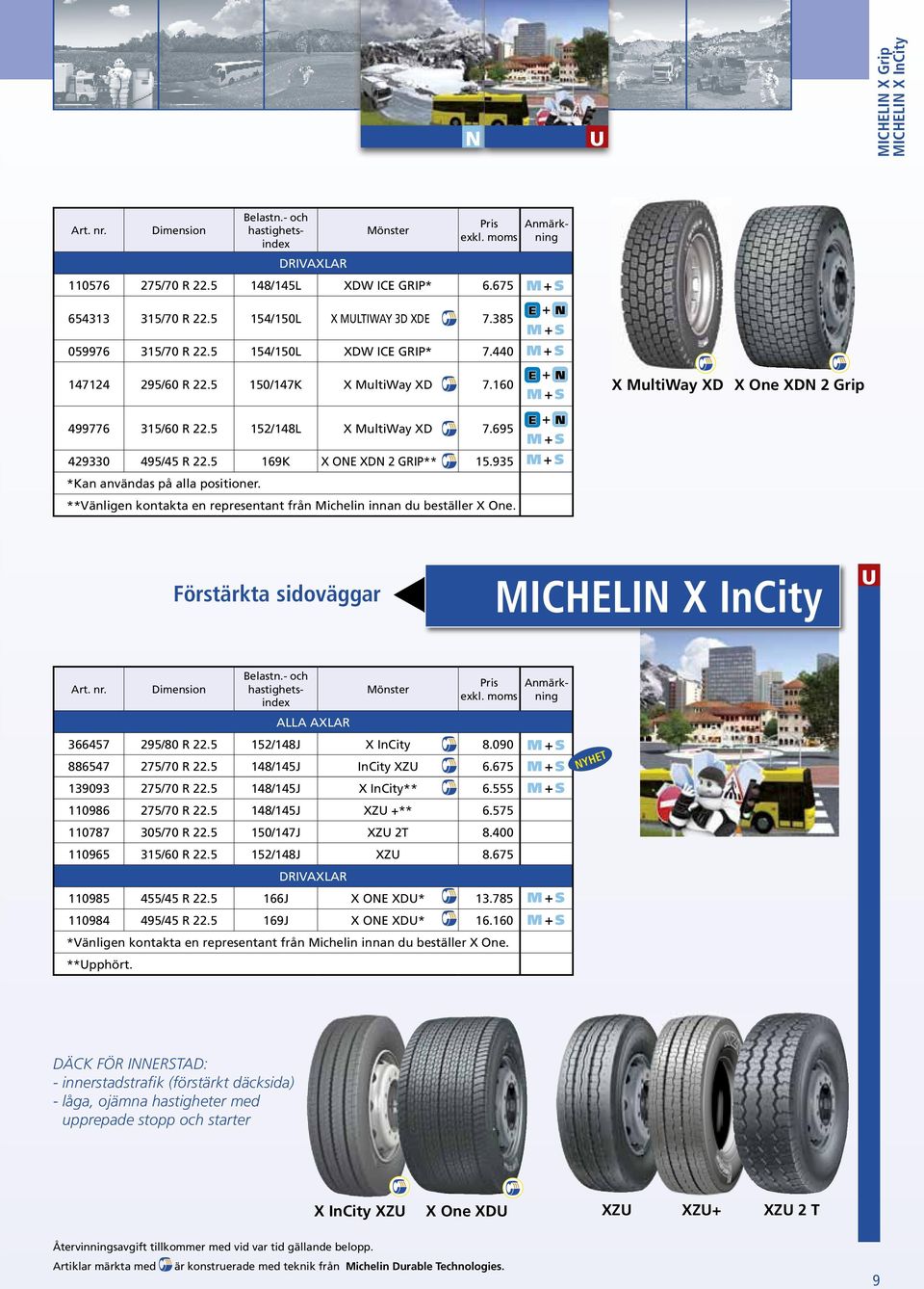 5 152/148L X MultiWay XD 7.695 + N 429330 495/45 R 22.5 169K X ONE XDN 2 GRIP** 15.935 *Kan användas på alla positioner. **Vänligen kontakta en representant från Michelin innan du beställer X One.