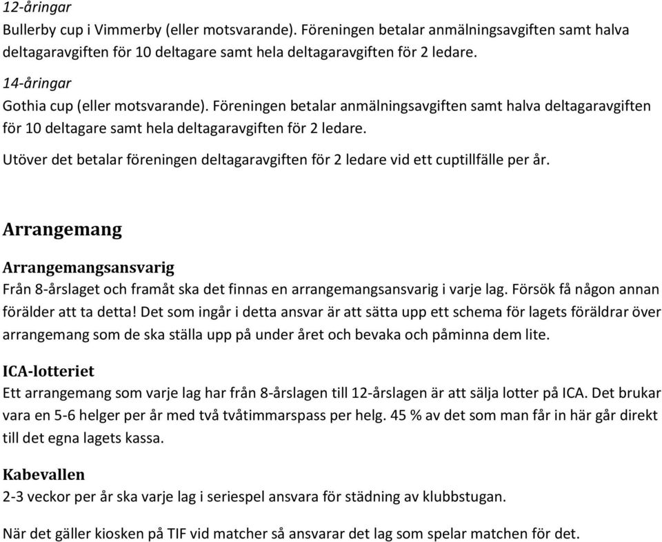 Utöver det betalar föreningen deltagaravgiften för 2 ledare vid ett cuptillfälle per år. Arrangemang Arrangemangsansvarig Från 8-årslaget och framåt ska det finnas en arrangemangsansvarig i varje lag.