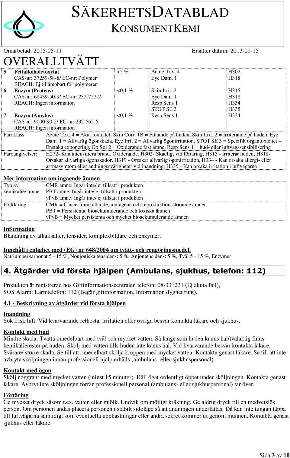 1 Resp Sens 1 STOT SE 3 Resp Sens 1 H302 H318 H315 H318 H334 H335 H334 Faroklass: Acute Tox. 4 = Akut toxicitet, Skin Corr. 1B = Frätande på huden, Skin Irrit. 2 = Irriterande på huden, Eye Dam.