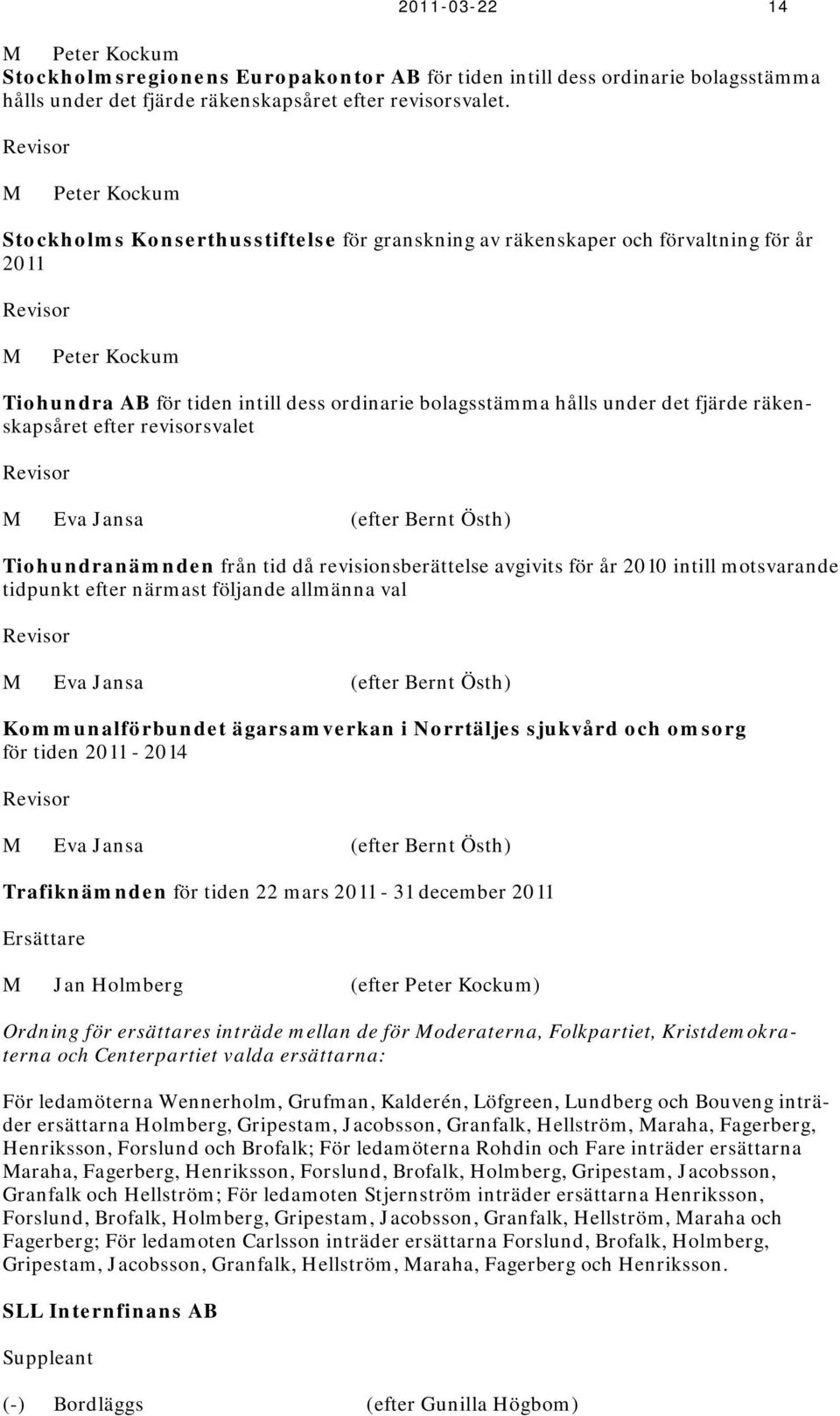 under det fjärde räkenskapsåret efter revisorsvalet Revisor Eva Jansa (efter Bernt Östh) Tiohundranämnden från tid då revisionsberättelse avgivits för år 2010 intill motsvarande tidpunkt efter