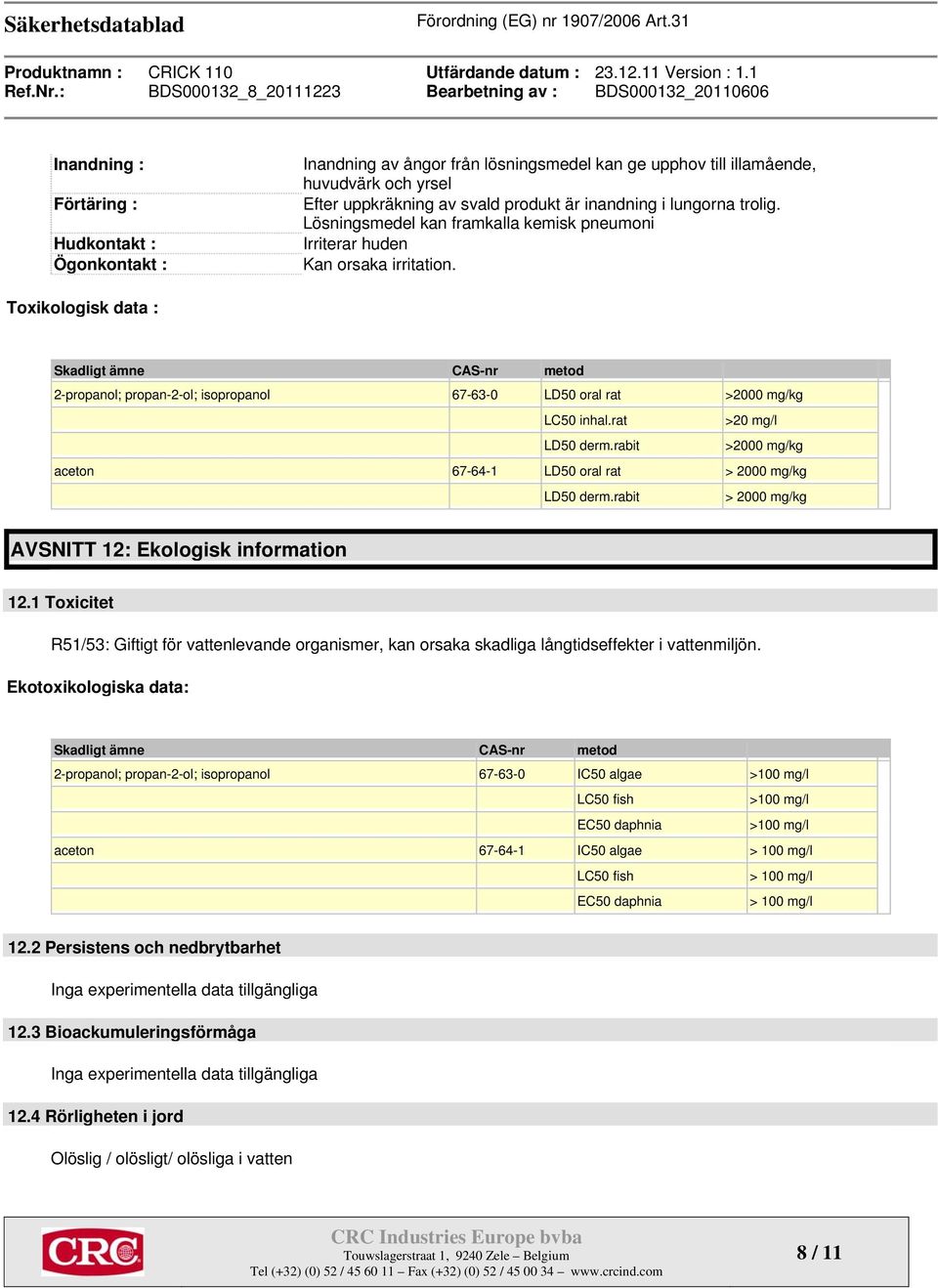 Toxikologisk data : Skadligt ämne CAS-nr metod 2-propanol; propan-2-ol; isopropanol 67-63-0 LD50 oral rat >2000 mg/kg LC50 inhal.rat >20 mg/l LD50 derm.