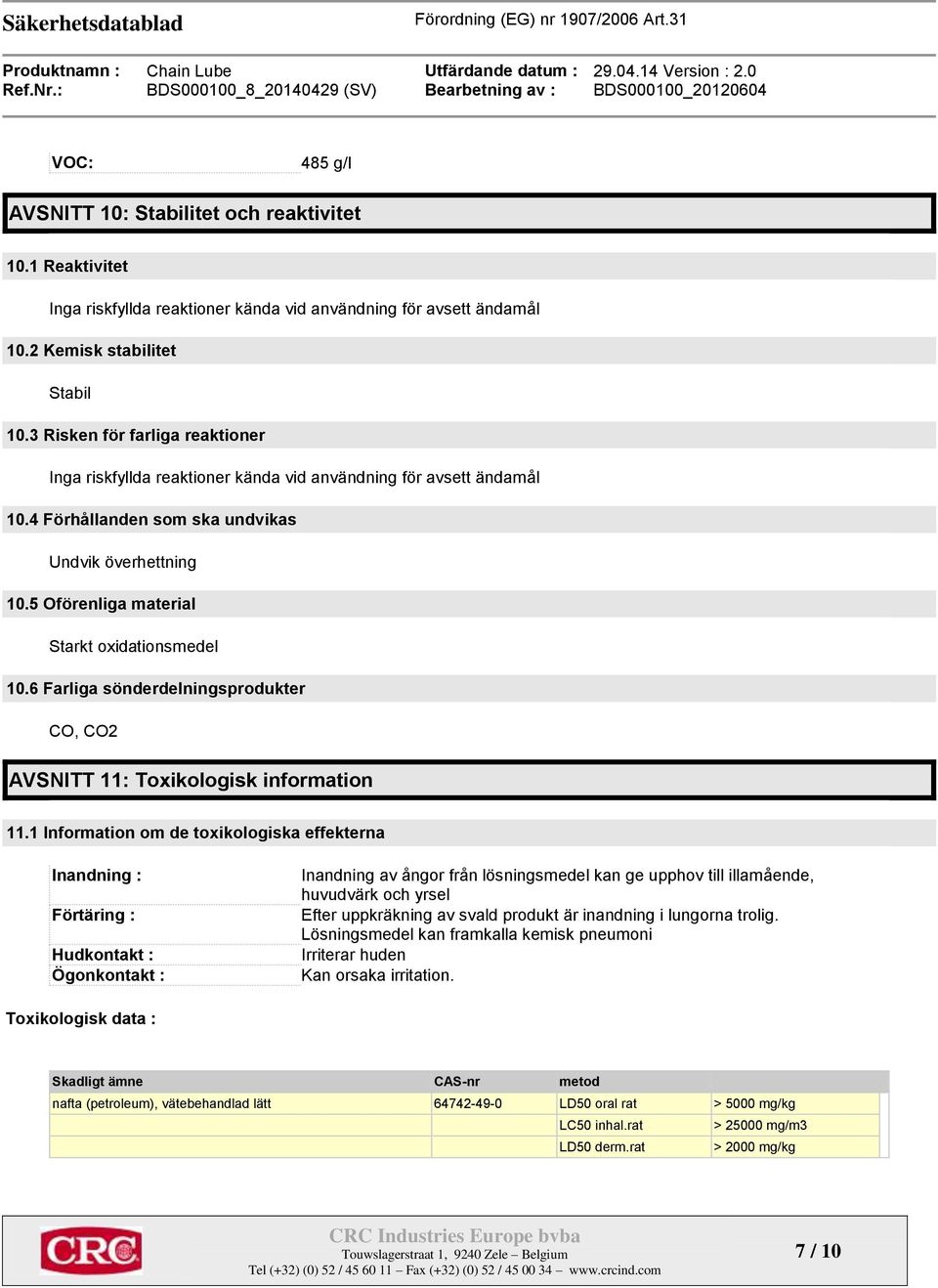 5 Oförenliga material Starkt oxidationsmedel 10.6 Farliga sönderdelningsprodukter CO, CO2 AVSNITT 11: Toxikologisk information 11.