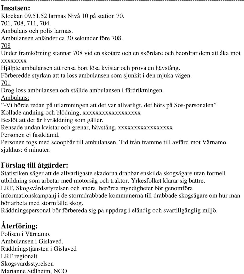 Förberedde styrkan att ta loss ambulansen som sjunkit i den mjuka vägen. 701 Drog loss ambulansen och ställde ambulansen i färdriktningen.