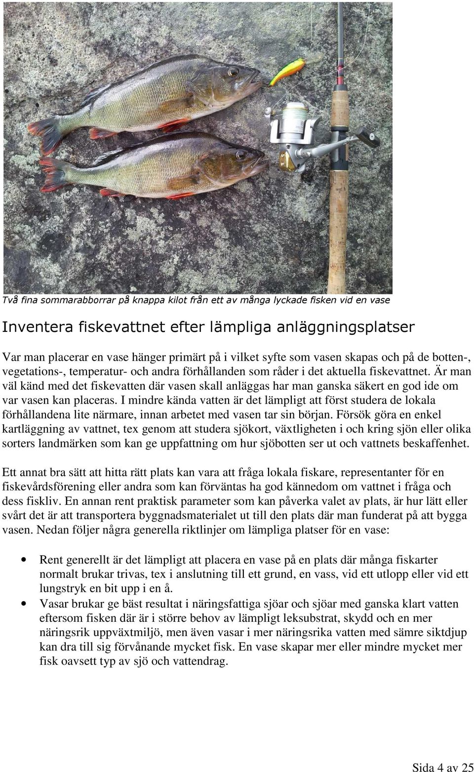 Är man väl känd med det fiskevatten där vasen skall anläggas har man ganska säkert en god ide om var vasen kan placeras.