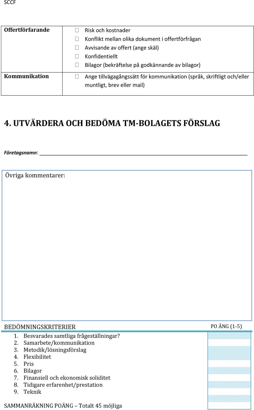 UTVÄRDERA OCH BEDÖMA TM BOLAGETS FÖRSLAG Företagsnamn: Övriga kommentarer: BEDÖMNINGSKRITERIER PO ÄNG (1 5) 1. Besvarades samtliga frågeställningar? 2.