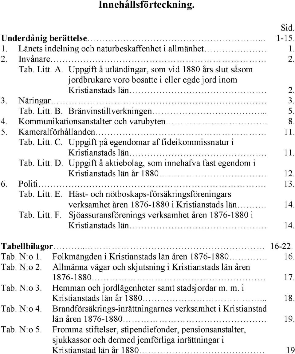 Kommunikationsanstalter och varubyten. 8. 5. Kameralförhållanden 11. Tab. Litt. C. Uppgift på egendomar af fideikommissnatur i Kristianstads län. 11. Tab. Litt. D.