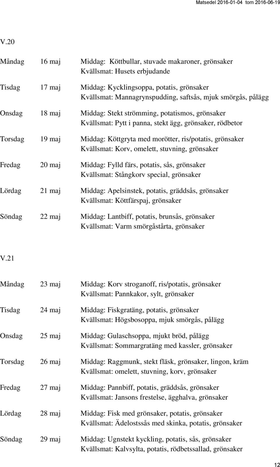 stuvning, grönsaker Fredag 20 maj Middag: Fylld färs, potatis, sås, grönsaker Kvällsmat: Stångkorv special, grönsaker Lördag 21 maj Middag: Apelsinstek, potatis, gräddsås, grönsaker Kvällsmat: